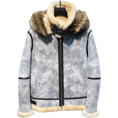 2020 mens fashion retro winter sheep fur sheepskin leather surface shearling wool lining biker jacket coat hooded