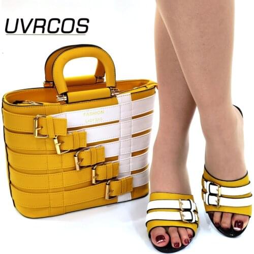 New Arrival Special Style Yellow Color 2021 African Women Matching Italian design Ladies Shoes and Bag Set for Party