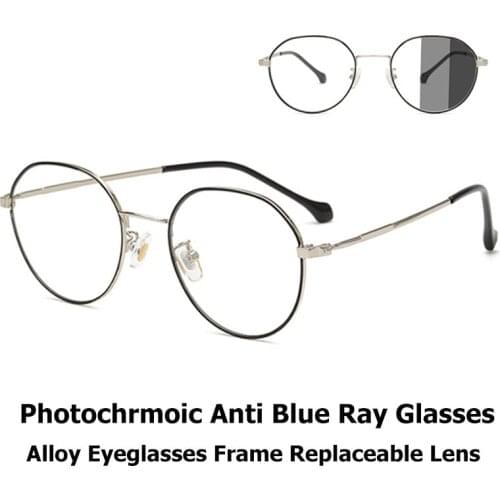 Blue Light Blocking Chameleon Glasses Photochromic Eyeglasses Retro Round Computer Glasses TR90 Eyewear Frame Men Women UV400