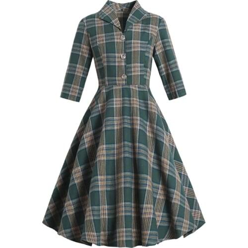 2020 Autumn and winter new collar seven sleeve lattice slim fit Hepburn style European and American retro big dress