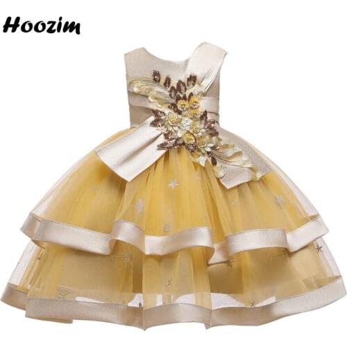 Luxury Embroidery Flower Applique Evening And Wedding Dresses Girls 3-11 Age Champagne Fluffy Layered Pageant Party Dress Child