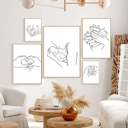 Mom Baby Line Drawing Art Posters Abstract Heart Hands Canvas Print Painting Family Portrait Wall Art Pictures Living Room Decor