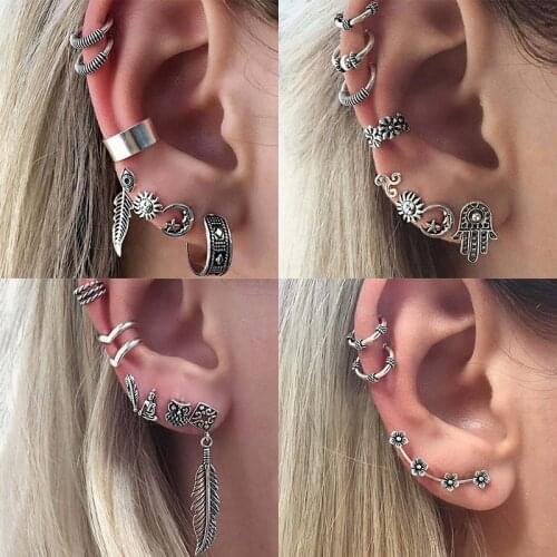 3/8pcs/lot Fashion Bohemia Stud Earrings Set Silvery Color Feather Leaf Owl Sun Punk Clip Vintage Ethnic Jewelry Women Wedding