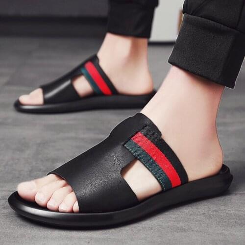 Slides mens sandal luxury genuine leather slippers for summer High Quality sandals 2020 slip on lightweight breathable black
