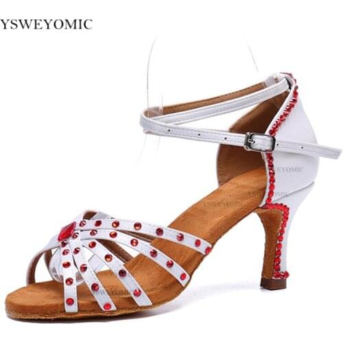 Competitive Dance Shoes White Satin Red Rhinestones Latin Ballroom Women Dance Shoes Indoor Medium Heel 7cm