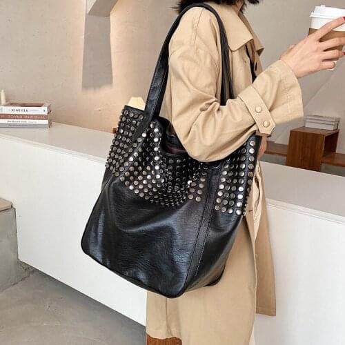 Women Fashion Rivet Shoulder Bag Soft Large Capacity Casual Female Shopping Bag Ladies Hobo Handbag Tote Travel Bag