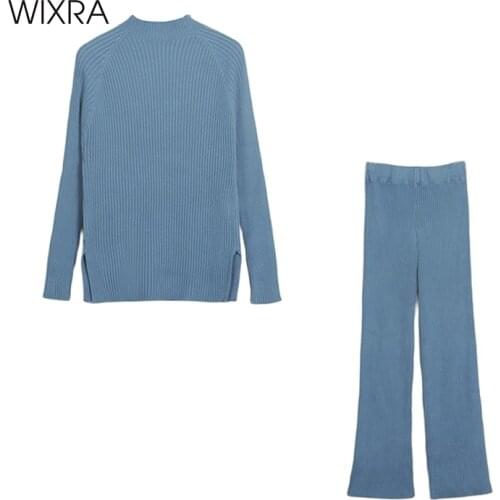 Wixra Women Stretchy Knitted Tracksuit Half Turtleneck Sweater + Elastic Waist Pants Autumn Winter Female Solid 2 Piece Set