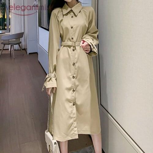 Aelegantmis Korean Elegant Loose Trench Dress with Belt Women Fashion Office Lady Dresses 2021 Korean Autumn Winter All Match