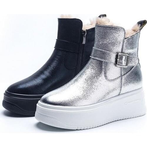 Swonco Genuine Leathe Snow Boots Women Winter Shoes Platform Black Sneakers 2020 New Plush Fur Ankle Boots Flats Platform