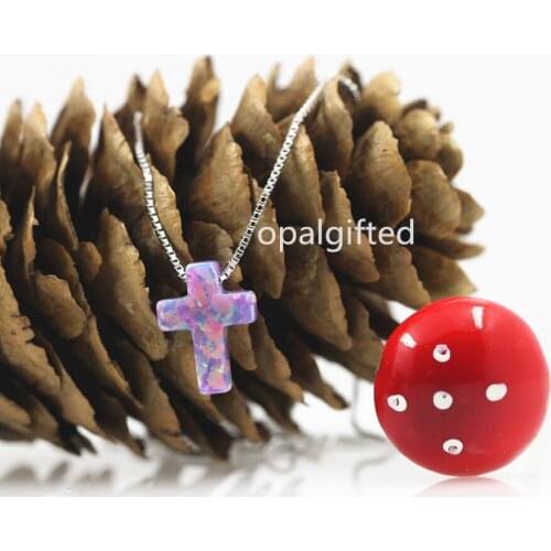 1pc/lot)Fashion 9*12mm Synthetic light purple op38 Opal cross pendant S925 Silver Necklace Trendy opal cross necklace for gift