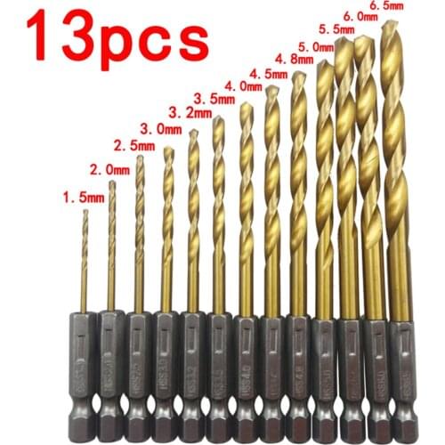 13 in 1 1/4 Hex Shank 1.5-6.5mm Drill Bits HSS High Speed Steel Titanium Coated Drill Bit Set Power Tools Accessories