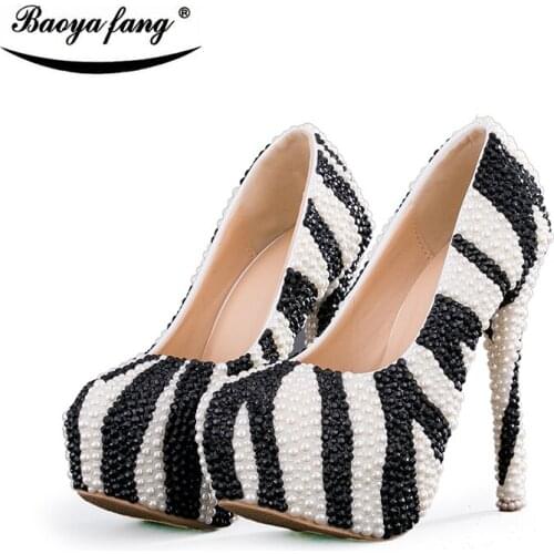 BaoYaFang Zebra black and white Pearl beads Performance shoes Luxury Handmade womens party shoes fashion platform shoes