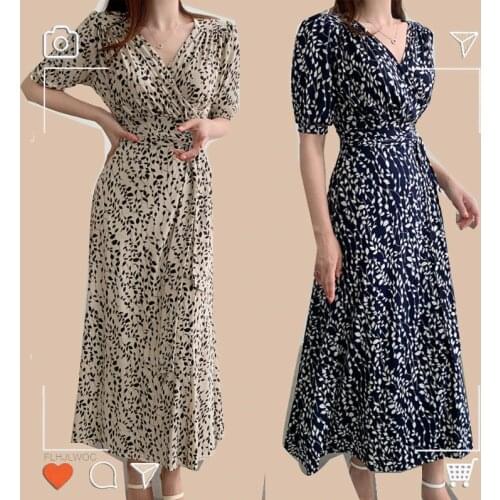 One-Piece Long Dress Summer Holiday Temperament Lady Slim Waist A Line Leaf Printed Long Maxi Vintage Dress Flhjlwoc Korean 2020