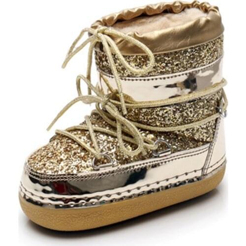 Children boots Winter space boots thick-sole sequined real plush short Warm snow boots for girls children parent-child ski shoes