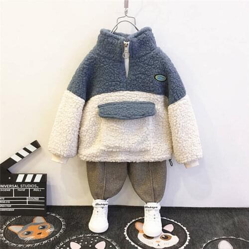 Childrens Lamb Cashmere Sweatshirt 2019 Autumn and Winter Baby Clothing New Boys Turtleneck Thick Warm Velvet Pullover Top 2-7Y