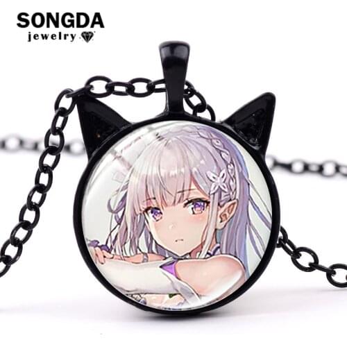 SONGDA Re: Life in a Different World from Zero Emilia Necklace Kawaii Rem Ram Glass Dome Cat Ears Pendant Children Long Necklace