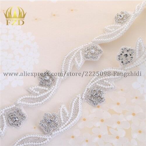 FANGZHIDI 1 Yard Silver Sewing on bridal sash trim vintage Rhinestone Trim Crystal Beaded Applique for Wedding Dresses Belts