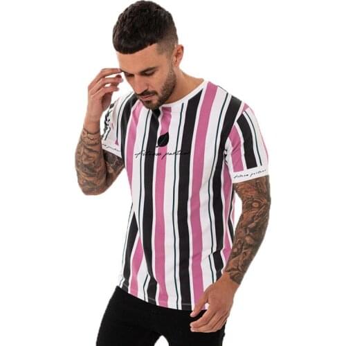 High quality Stripe gyms T-shirt Summer sports casual T shirt Streetwear Male shirts Brand Mens Clothing quick-drying T-shirt