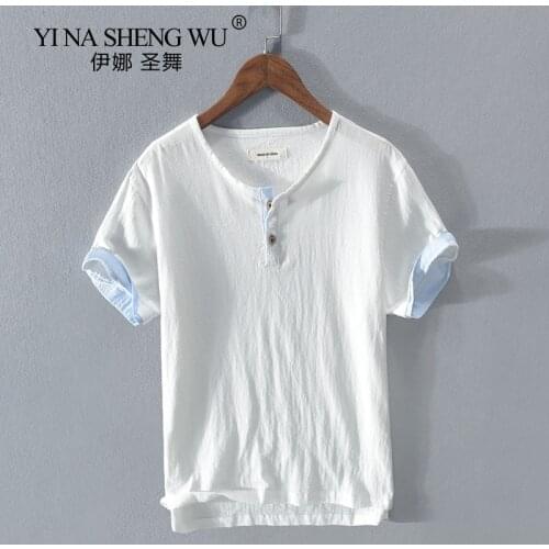 Cotton and Linen Summer New Japanese T-Shirt Men Fashion Solid T-shirt for Mens Casual Kimono T Shirts Male Loose Short Sleeved