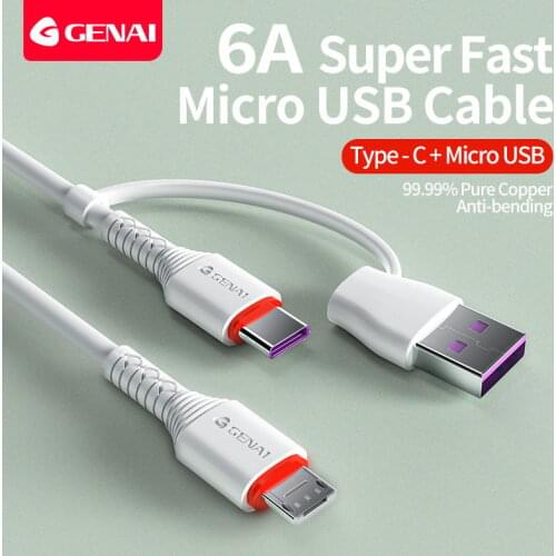 Genai Fast Charger Cord USB C to Micro USB Cable 6A Cable 2 in 1 Charger Cord For Samsung Huawei Xiaomi Quick Charge Wire Data