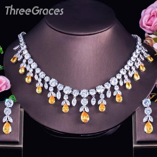 ThreeGraces Luxury Brand Yellow Cubic Zirconia Big Dangle Drop Earrings and Necklaces Women Wedding Costume Jewelry Sets JS266