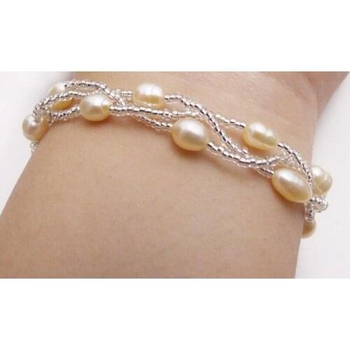 Handwork Weave 5-6mm Pink Rice Pearl & Crystal Bracelet for Women Jewelry