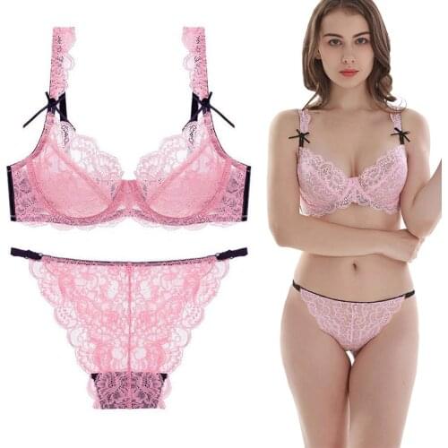 Pink Big Size Bra Sexy Lace Unlined Underwear Hollow 3/4 Cup Adjusted-straps Bra and Panty Set A B C D DD E 32 34 36 38 40 42 44