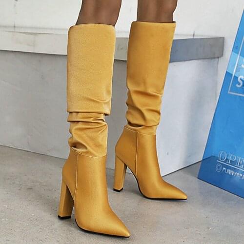 Sexy Microfiber Solid Color Fabric Womens Knee High Boots Fashion Pointed Toe 12CM Square Root Ladies Boots Folding Decoration