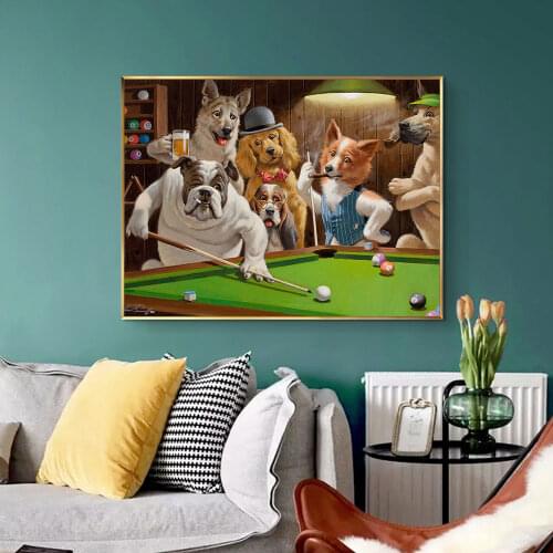 Dogs Playing Pool Billiard Wall Art Canvas Printing Pictures Funny Animal Canvas Printed Poster for Livingroom Decoration