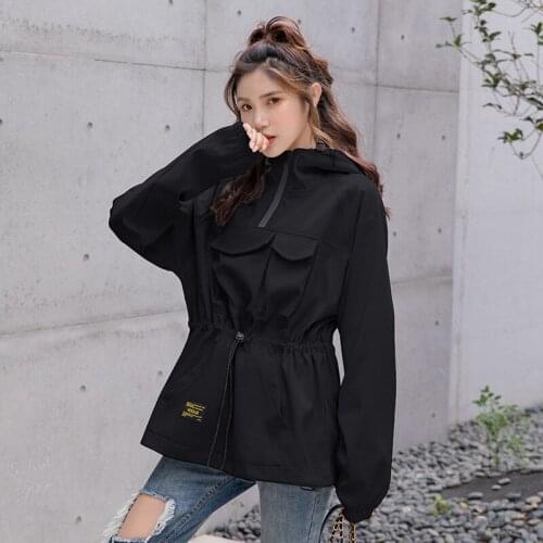 Women Spring Autumn Black White Hooded Adjust Waist Jacket Plus Size Female Sport Causual Loose Jackets Girls Short Coat Clothes