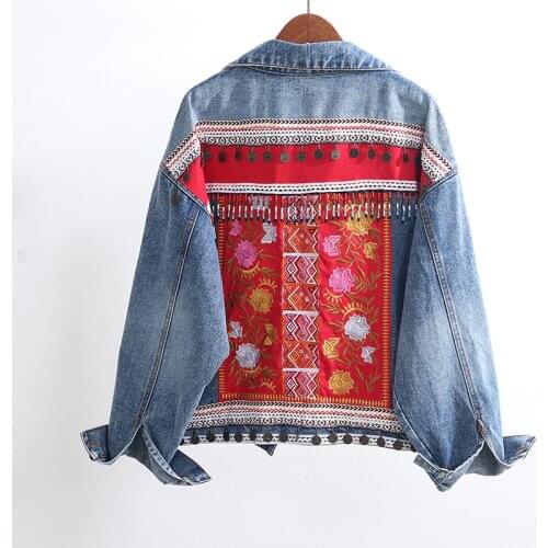 Boho Embroidery Denim Jacket Women Tassel Patch Outerwear Vintage Oversized Loose Chaquetas Mujer Jeans Jacket Female Streetwear