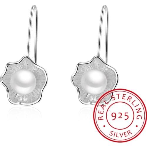 Fashion Big 925 Sterling Silver Pearl Earrings For Women Wedding Jewelry Statement Lotus Flower Earrings Pendientes Bijoux