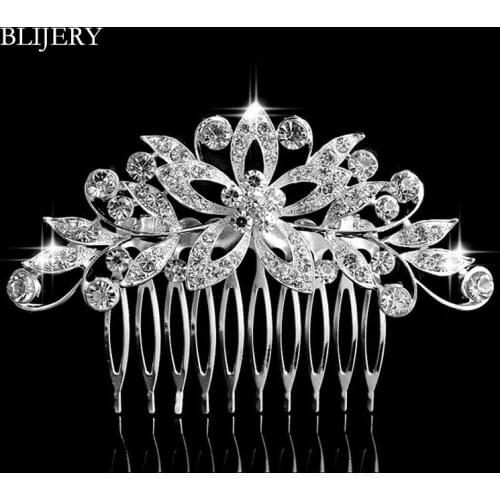 BLIJERY Silver Color Rhinestone Crystal Bridal Hair Accessories Flower Wedding Hair Combs for Women Hair Jewelry Headpiece