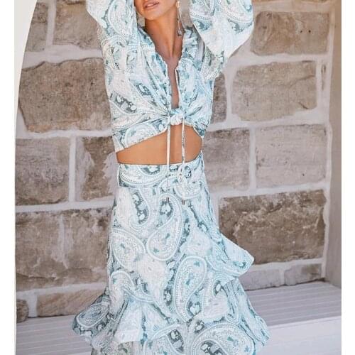 Two Piece Set Women Floral Lantern Sleeve O-neck Crop Tops High Waist Maxi Skirts Elegant Female Beach Casual Streetwear Outfits