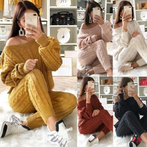 Women Winter Sweater Set Two Piece Set Top And Pants Women Outfits Plus Size Pullover Top Bodycon Long Pants Knitted Tracksuit