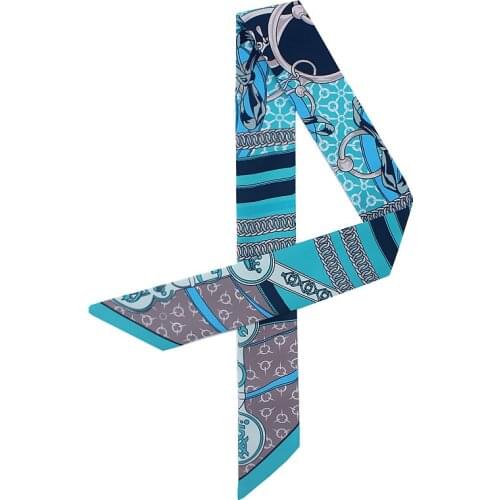 New Euro Chain Print Twill Silk Scarf Women Small Ties Handle Bag Ribbons Female Headband Summer Small Long Head Scarves & Wraps