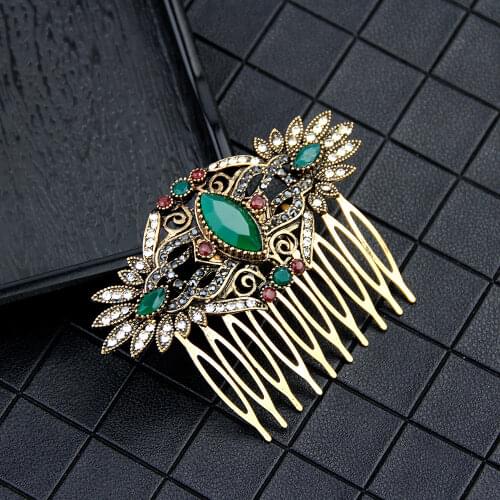 Sunspicems Vintage Boho Resin Flower Hairwear Hair Comb Headdress for Women Turkish Wedding Jewelry Antique Gold Color Gift