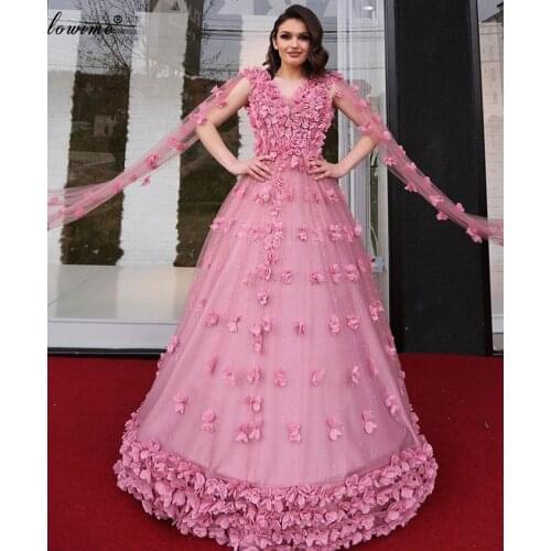Robe De Soiree Plus Size Pink Evening Dresses Long Flowers Dubai Prom Dresses Women Party Night Girls Pageant Gowns Vestidos