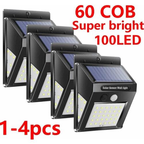 Solar Power Lamp 1/4pcsCOB 100LED PIR Motion Sensor Wall Light Outdoor Waterproof Energy Saving Street Garden Yard Security Lamp