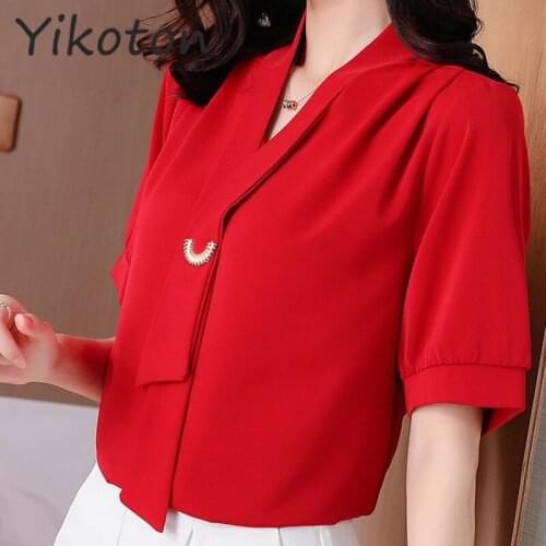 2021 Summer Blouse Shirt Fashion Short Sleeve Elegant Work Wear Chiffon Casual Soild Shirts Top Japan Korean Style Plus Size 5XL