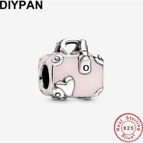 925 Sterling Silver Pink Travel Bag Charm Fit Pandora Original Bracelet Charm Silver Pendant Bangle Women Jewelry Berloque