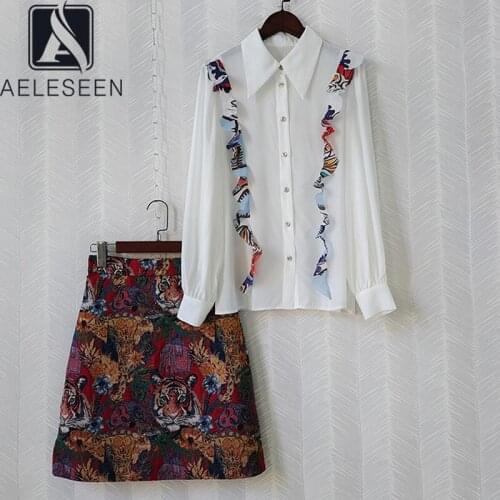 AELESEEN Office Ladies Women Autumn Sets 2021 High Quality Ruffles White Blouse+ Mini Animal Jacquard Print Skirt Elegant Sets