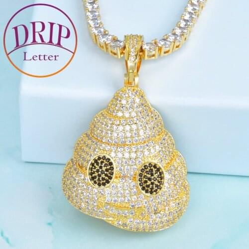 Gold Color Poop Character Pendant AAAA Cubic Zircon Bling Necklace Chain Mens Hip Hop Jewelry