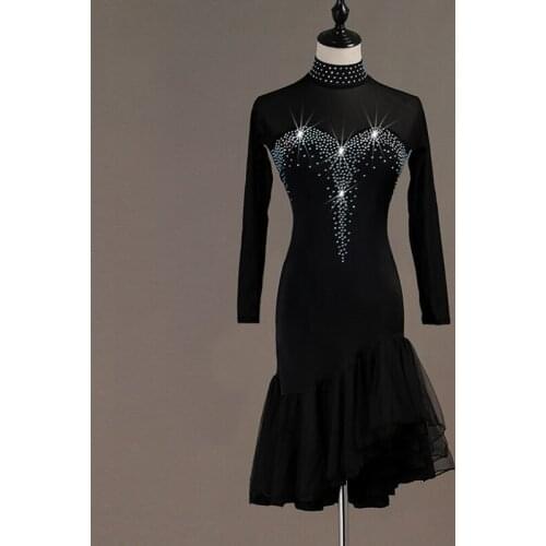 Black Latin Dance Dress Sexy Rhinestone Salsa Cha Cha Samba Rumba Competition Dresses High Collar Performance Clothes DC2479