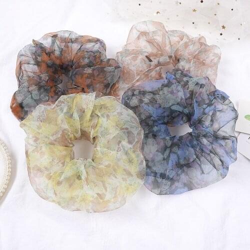 French Designers Floral Hair Bands Organza Tule Big Size Hair Scrunchies Women Ponytail Hair Rope Fluffy Oversize Schrunchy