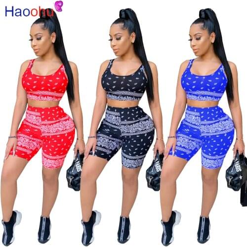 HAOOHU Print Two Piece Set Halter Crop Top Biker Shorts Sexy 2021 Summer Outfits for Woman Tracksuit Matching Set Lounge Wear