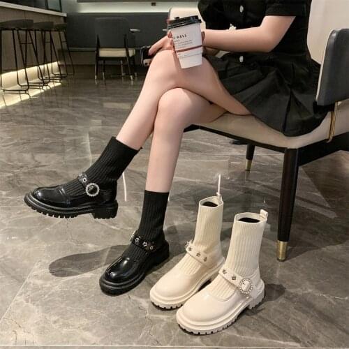 British style handsome round toe thick-soled rhinestone knitted cowhide stretch boots womens short tube slimming fashion textur