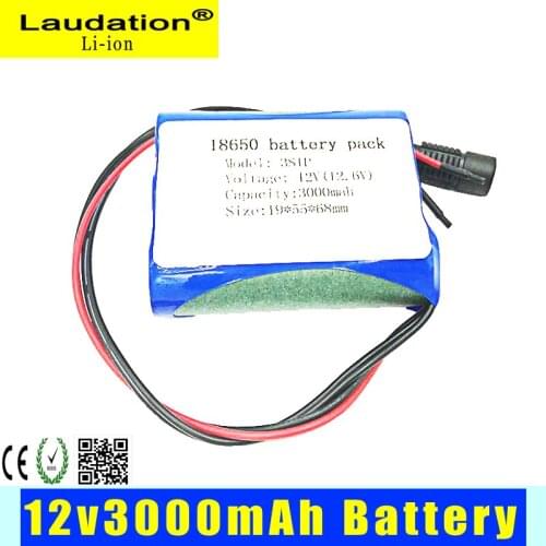 Laudation 12v battery pack 3000mah 3s 1p 18650 pack lithium battery with bms 12v discharge protection for CCTV/Camera/Light/LED