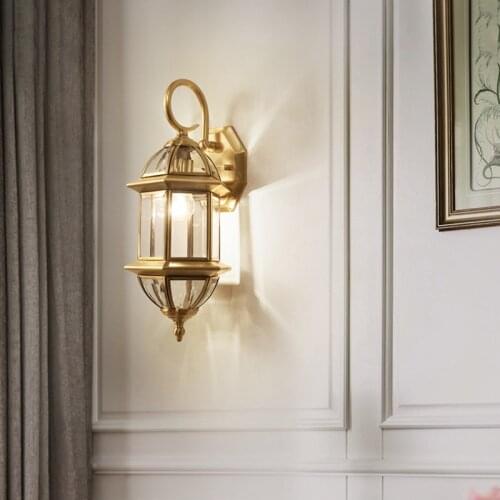 Jmzm Outdoor Courtyard Copper Wall Lamp European Waterproof Balcony Copper Lamp Retro Living room Villa Light Indoor Fixtures