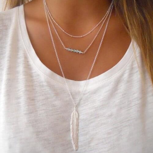 European and American fashion accessories fashion and leisure crystal metal feather tassel necklace
